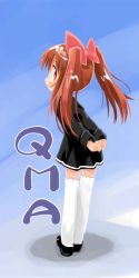 Rule 34 | 1girl, aloe (quiz magic academy), arms behind back, black dress, blush, bow, brown eyes, brown hair, dress, from behind, hair bow, interlocked fingers, long hair, looking back, mary janes, open mouth, quiz magic academy, shoes, solo, standing, suka, thighhighs, twintails, white thighhighs