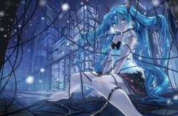Rule 34 | 1girl, aqua eyes, aqua hair, arm tattoo, bad id, bad pixiv id, barefoot, blue theme, blurry, breasts, cable, city, city lights, cleavage, depth of field, entangled, feet, female focus, hatsune miku, long hair, looking at viewer, mx2j, nail polish, night, number tattoo, outdoors, railing, sitting, skirt, snowing, solo, tattoo, toenail polish, toenails, twintails, unfragment (vocaloid), very long hair, vocaloid