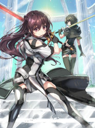 Rule 34 | 2girls, armor, black gloves, braid, brown eyes, brown hair, capelet, closed mouth, clothing cutout, column, cover, cover page, dai-xt, feet out of frame, gloves, green eyes, green gloves, green hair, green legwear, grey legwear, grey skirt, highres, holding, holding weapon, kuro no shoukanshi, long hair, looking at viewer, multiple girls, pillar, short hair, short shorts, shorts, shoulder cutout, skirt, sky, smile, stairs, standing, sun, sword, thighhighs, weapon