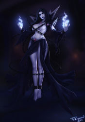 Rule 34 | 1girl, armor, barefoot, black hair, black nails, blue eyes, blue fire, blue sclera, blue skin, blurry, blurry background, chain, closed mouth, colored sclera, colored skin, convenient censoring, cuffs, fingernails, fire, floating, gem, highres, lich, long fingernails, long hair, long toenails, nail polish, navel, original, pauldrons, personal ami, purple lips, shackles, sharp fingernails, sharp toenails, shoulder armor, signature, solo, toenails, torn clothes