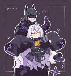 Rule 34 | 1boy, 1girl, batman, batman (series), black cape, black jacket, blood, blood from mouth, blush, cape, chibi, commentary, crossover, dc comics, english commentary, grey hair, half-closed eyes, highres, hololive, horns, jacket, kukie-nyan, la+ darknesss, lifting person, long hair, mask, pointy ears, purple hair, sleeves past fingers, sleeves past wrists, superhero costume, the batman (2022), v-shaped eyebrows, very long hair, virtual youtuber, yellow eyes