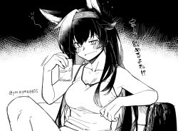 Rule 34 | 1girl, animal ears, arknights, blaze (arknights), blush, bottomless, breasts, cat ears, cat girl, collarbone, cup, drink, drunk, greyscale, hairband, holding, holding cup, holding drink, knee up, looking at viewer, medium breasts, monochrome, naked shirt, open mouth, out-of-frame censoring, shirt, sitting, solo, squeans, tank top, twitter username, yom (ymayma00ss)