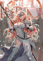 Rule 34 | 1girl, alternate hairstyle, armor, armored dress, blonde hair, blue eyes, blurry, braid, breasts, capelet, depth of field, fate/apocrypha, fate/grand order, fate (series), faulds, flag, full armor, fur-trimmed legwear, fur trim, gauntlets, greaves, headpiece, holding, holding sword, holding weapon, jeanne d&#039;arc (fate), jeanne d&#039;arc (ruler) (fate), jeanne d&#039;arc (third ascension) (fate), knight, long hair, looking at viewer, medium breasts, parted lips, shei99, solo focus, sword, thighhighs, wavy hair, weapon