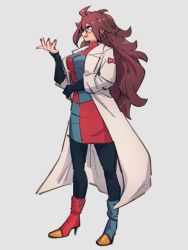 Rule 34 | 1girl, android 21, asymmetrical footwear, blue eyes, blue footwear, boots, checkered clothes, checkered dress, dragon ball, dragon ball fighterz, dress, earrings, full body, glasses, grey background, hoop earrings, jewelry, kemachiku, lab coat, long hair, long sleeves, looking away, mismatched footwear, open mouth, pantyhose, red footwear, red hair, red ribbon army, simple background, solo, standing