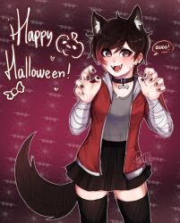 Rule 34 | 1girl, :d, animal ears, animal print, bandaged arm, bandages, bat print, black choker, black nails, black skirt, black thighhighs, blush, brown hair, choker, cowboy shot, dog ears, dog tail, earrings, fangs, grey shirt, happy halloween, jacket, jewelry, looking at viewer, miniskirt, nail polish, open clothes, open jacket, open mouth, pan (panqlao), panqlao, pleated skirt, red background, red hair, red jacket, scar, scar on face, shirt, short hair, signature, skirt, smile, solo, tail, thighhighs, tongue, watermark