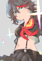 10s 1girl bad_id bad_pixiv_id black_hair blue_eyes crop_top crop_top_overhang grey_background highres kanamex kill_la_kill matoi_ryuuko midriff multicolored_hair navel sailor_collar school_uniform scowl senketsu serafuku serious short_hair skirt sparkle