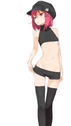 Rule 34 | 1girl, ariaria (netsuki), bare shoulders, black shorts, black thighhighs, breasts, cabbie hat, covered collarbone, facing viewer, feet out of frame, female focus, groin, hair ornament, hairclip, hat, looking to the side, midriff, miruto netsuki, navel, no bra, original, parted lips, pink eyes, pink hair, short hair, short shorts, shorts, simple background, skinny, sleepy, sleeveless, slender, small breasts, solo, standing, thighhighs, underboob, white background, x hair ornament