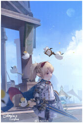 Rule 34 | 1girl, armor, banner, blonde hair, blue cape, braid, cape, closed mouth, cymbals, feet out of frame, final fantasy, final fantasy xiv, full body, gauntlets, greaves, guippang, hair ribbon, highres, holding, holding harp, holding instrument, holding shield, holding sword, holding weapon, horn (instrument), instrument, lalafell, moogle, paladin (final fantasy), pink eyes, pointy ears, red ribbon, ribbon, shield, short hair, side ponytail, solo, stone floor, stone pillar, sword, warrior of light (ff14), weapon