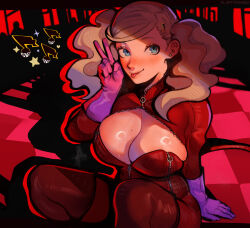 Rule 34 | 1girl, :p, absurdres, blonde hair, blue eyes, blush, body freckles, bodysuit, breasts, cleavage, curvy, earrings, fluffydango, freckles, gloves, hair ornament, hairclip, highres, jewelry, large breasts, long hair, looking at viewer, musical note, partially unzipped, persona, persona 5, purple gloves, red bodysuit, red theme, sitting, solo, stud earrings, swept bangs, takamaki anne, tongue, tongue out, twintails, v, zipper