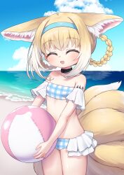 Rule 34 | 1girl, :d, ^ ^, absurdres, alternate costume, animal ear fluff, animal ears, arknights, ball, bare shoulders, beach, beachball, bikini, black collar, blonde hair, blue bikini, blue hairband, blue sky, braid, braided hair rings, breasts, closed eyes, cloud, collar, collarbone, colored tips, commission, commissioner upload, cowboy shot, day, detached sleeves, facing viewer, fox ears, fox girl, fox tail, frilled bikini, frills, hair rings, hairband, highres, holding, holding ball, holding beachball, infection monitor (arknights), kitsune, kokone (coconeeeco), kyuubi, material growth, multicolored hair, multiple tails, navel, non-web source, ocean, open mouth, oripathy lesion (arknights), outdoors, plaid, plaid bikini, short hair, skeb commission, sky, small breasts, smile, solo, strapless, strapless bikini, suzuran (arknights), swimsuit, tail, twin braids, two-tone hair, variant set, white hair