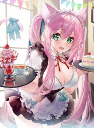 Rule 34 | 1girl, animal ears, apron, black skirt, bow, bra, breasts, cake, cake slice, cat ears, cat girl, cat tail, cleavage, covered erect nipples, cowboy shot, cup, detached collar, food, framed breasts, frills, green eyes, hair ribbon, highres, kawachi rin, large breasts, long hair, looking at viewer, maid, maid apron, maid headdress, miniskirt, neck ribbon, open mouth, original, parfait, pink hair, ribbon, see-through, see-through sleeves, short sleeves, skirt, solo, standing, string bra, tail, tail bow, tail ornament, tail raised, teacup, tearing up, tray, twintails, underbust, underwear, waist apron, white bra
