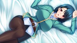 Rule 34 | 1girl, arms up, bed, belt, blue hair, blush, breasts, earrings, game cg, huge breasts, hypnosis, jewelry, kurashiki tomoko, legs, lying, mind control, open mouth, pantyhose, pillow, red eyes, saiminbo, short hair, skirt, solo, sumeragi yuusuke, thighs
