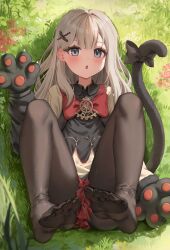 1girl absurdres animal_hands barefoot black_gloves black_pantyhose black_shirt blonde_hair blue_eyes blush cat_tail chestnut_mouth feet feet_up flat_chest foot_focus full_body glasses gloves hair_ornament highres jacket long_hair lying on_back on_grass open_clothes open_jacket original pantyhose paw_gloves red_skirt shiriaru_(jjonaeng) shirt skirt soles solo tail toes x_hair_ornament yellow_jacket