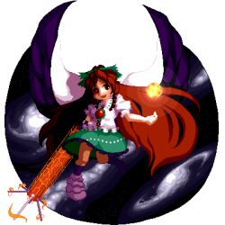 Rule 34 | 1girl, arm cannon, asymmetrical footwear, black socks, black wings, bow, brown hair, cape, center frills, collared shirt, daime fusonzai, feathered wings, frilled shirt, frilled shirt collar, frilled skirt, frilled sleeves, frills, full body, green bow, green skirt, hair bow, kneehighs, long hair, looking at viewer, lowres, mismatched footwear, open mouth, pixel art, puffy short sleeves, puffy sleeves, red eyes, reiuji utsuho, shirt, short sleeves, simple background, skirt, socks, solo, third eye on chest, touhou, very long hair, weapon, white background, white cape, white shirt, wings