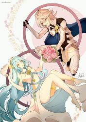 Rule 34 | 1boy, 1girl, anklet, armor, atoatto, azura (fire emblem), barefoot, black gloves, blue cape, blue hair, bouquet, breasts, cape, commentary request, corrin (fire emblem), corrin (male) (fire emblem), detached collar, dress, fingerless gloves, fire emblem, fire emblem fates, flower, gloves, grey hair, hair between eyes, hair tubes, holding, holding bouquet, jewelry, long hair, looking at another, medium breasts, musical note, necklace, nintendo, open mouth, pink flower, pink rose, pointy ears, red eyes, rose, short hair, signature, smile, strapless, strapless dress, thighs, toes, twitter username, veil, very long hair, white dress, white gloves, yellow eyes