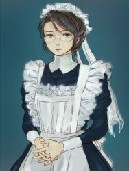 Rule 34 | 00s, 1girl, brown hair, emma, emma (victorian romance emma), glasses, hair up, lowres, maid, maid headdress, own hands clasped, own hands together, portrait, solo, trico (mentalsketch1985), victorian, victorian maid, victorian romance emma
