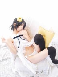 Rule 34 | 1boy, asian, biscuit, bisuke-tan, cosplay, cosplay photo, doughnut, food, food as clothes, from above, kfc, male focus, navel, object on head, panties, photo (medium), solo, thighhighs, trap, underwear