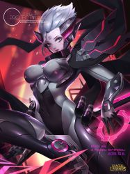Rule 34 | 1girl, alternate costume, alternate hair color, alternate hairstyle, armor, bodysuit, citemer, cyborg, fiora (league of legends), grey hair, league of legends, looking at viewer, power armor, solo