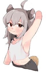 Rule 34 | 1girl, ahoge, animal collar, animal ears, arm up, armpits, bandaid, bandaid on cheek, bandaid on face, bare shoulders, black collar, black shorts, blush, borrowed character, brown eyes, closed mouth, collar, commentary, crop top, cropped arms, cropped torso, english commentary, grey hair, hair between eyes, long hair, looking at viewer, low-cut armhole, macci (opossumachine), midriff, mixed-language commentary, nakajima lupus, navel, original, paid reward available, possum ears, possum tail, presenting armpit, shorts, simple background, smile, solo, sweat, tail, tank top, tareme, upper body, watermark, white background, white tank top