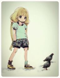 Rule 34 | 1girl, bird, blonde hair, brown eyes, comeco, full body, futaba anzu, hands in pockets, idolmaster, idolmaster cinderella girls, long hair, low twintails, pigeon, shirt, shoes, shorts, smile, sneakers, solo, t-shirt, twintails, very long hair