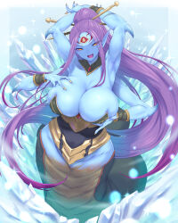 Rule 34 | 1girl, :d, armpits, arms behind head, arms up, blue skin, bracer, breast hold, breasts, cleavage, colored skin, extra arms, fingernails, gorget, hair ornament, hair stick, hand on own chest, high ponytail, highres, huge breasts, ice, icicle, kous (onetwojustice), lamia, light particles, long fingernails, long hair, looking at viewer, monster girl, open mouth, pointy ears, purple hair, seiken densetsu, sidelocks, smile, solo, very long hair, yellow eyes, yellow nails