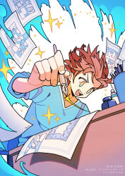 Rule 34 | 1boy, :d, blue shirt, blush, collarbone, cup, drawing, drawing (object), floating hair, highres, holding, holding pen, inkwell, leaning forward, long sleeves, looking down, male focus, open mouth, orange eyes, original, pen, pencil, red hair, shirt, sidelocks, smile, solo, sparkle, teeth, tenteko mai51, upper body, upper teeth only, v-neck, wooden desk