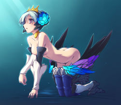 Rule 34 | 1girl, ahegao, akinoko, all fours, armor, ass, blush, breasts, crown, elbow gloves, empty eyes, feathers, gloves, gwendolyn (odin sphere), hat, medium breasts, multicolored wings, nipples, nude, odin sphere, short hair, solo, thighhighs, wings