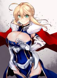 Rule 34 | &gt;:), 1girl, ahoge, armor, artistic error, artoria pendragon (all), artoria pendragon (fate), artoria pendragon (lancer) (fate), blue dress, blue thighhighs, blush, braid, braided bun, breasts, center opening, cleavage, cleavage cutout, cloak, closed mouth, clothing cutout, covered navel, cowboy shot, dress, fate/grand order, fate (series), floating hair, fur trim, furam, gauntlets, green eyes, hair bun, heattech leotard, large breasts, looking at viewer, saber (fate), short hair with long locks, sidelocks, smile, solo, thighhighs, turtleneck, v-shaped eyebrows