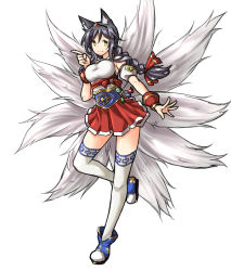 Rule 34 | 1girl, ahri (league of legends), alternate costume, animal ears, artist request, bare shoulders, black hair, breasts, cosplay, female focus, fox ears, fox tail, full body, korean clothes, large breasts, league of legends, long hair, looking at viewer, multiple tails, semi (ebs), simple background, skirt, solo, tail, thighhighs, white background, yellow eyes