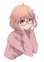 Rule 34 | 1girl, absurdres, ahoge, blush, brown eyes, closed mouth, commentary request, cropped torso, eyelashes, glasses, hair between eyes, hands on own cheeks, hands on own face, hands up, happy, highres, kuriyama mirai, kyoukai no kanata, lips, looking at viewer, medium hair, nishizuki shino, notice lines, orange hair, pink sweater, pinky out, red-framed eyewear, simple background, sleeves past wrists, smile, solo, sweater, upper body, white background