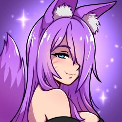 Rule 34 | 1girl, akairiot, animal ears, blue eyes, commission, copyright request, gradient background, hair over one eye, looking at viewer, portrait, purple background, purple theme, smile, solo