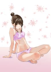 Rule 34 | 1girl, absurdres, barefoot, blush, bow, bow panties, bra, breasts, brown eyes, brown hair, closed mouth, commentary, frown, fujisaki ribbon, hair bun, highres, indian style, lace, lace-trimmed bra, lace-trimmed panties, lace trim, looking at viewer, medium breasts, navel, original, panties, pink background, purple bra, purple panties, short hair, sidelocks, single hair bun, sitting, skindentation, solo, underwear, underwear only