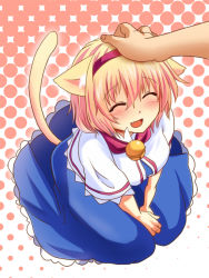Rule 34 | 1girl, alice margatroid, animal ears, bell, blonde hair, blue dress, blue eyes, blush, capelet, cat ears, cat girl, cat tail, closed eyes, collar, dress, fang, female focus, hairband, hand on another&#039;s head, happy, head pat, headpat, kemonomimi mode, neck bell, open mouth, pet play, sen&#039;yuu yuuji, short hair, sitting, smile, solo focus, tail, touhou, v arms