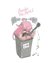 Rule 34 | 1girl, bim0ngsam0ng, bocchi the rock!, commentary, copyright name, cube hair ornament, electric guitar, english commentary, full body, gibson les paul, gotoh hitori, guitar, hair ornament, holding, holding instrument, in trash can, instrument, jacket, long hair, looking down, mushroom on head, music, musical note, one side up, open mouth, pants, pink hair, pink jacket, pink pants, playing instrument, simple background, sitting, solo, track jacket, trash can, turn pale, white background