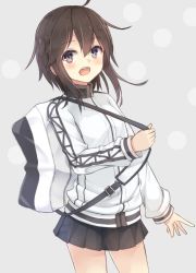 Rule 34 | 10s, 1girl, :d, bad id, bad pixiv id, bag, black hair, grey eyes, hachita (odangoya), hayasui (kancolle), jacket, kantai collection, md5 mismatch, open mouth, pleated skirt, resolution mismatch, school bag, short hair, simple background, skirt, smile, solo, track jacket