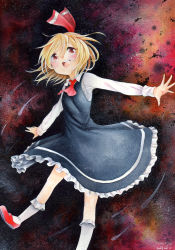 Rule 34 | 1girl, artist name, ascot, blonde hair, blush, color ink (medium), dated, dress, hair ribbon, highres, ink (medium), mosho, open mouth, outstretched arms, painting (medium), red eyes, ribbon, rumia, short hair, smile, solo, touhou, traditional media, watercolor (medium)