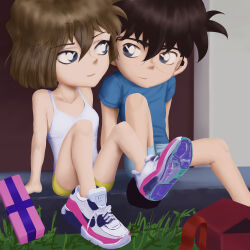 Rule 34 | 1boy, 1girl, arm support, bare legs, black-framed eyewear, blue eyes, blue shirt, blue shorts, breasts, brown hair, child, closed mouth, edogawa conan, gift, grass, haibara ai, highres, knees up, looking at another, meitantei conan, outdoors, semi-rimless eyewear, shirt, shoe soles, shoes, short hair, shorts, sitting, sleeveless, sleeveless shirt, small breasts, smile, sneakers, storm92, tank top, thighs, white footwear, white shirt, yellow shorts