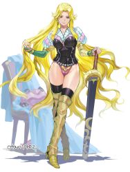 Rule 34 | 1girl, blonde hair, boots, cloak, full body, holding, holding sword, holding weapon, indesign, leotard, long hair, messy hair, ponytail, protagonist (romancing saga 2), romancing saga 2, saga, sheath, sheathed, sword, the final empress, thigh boots, weapon