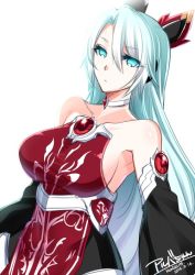 Rule 34 | 1girl, bare shoulders, blue eyes, blue hair, breasts, choker, closed mouth, commentary request, dated, gem, glint, hair ornament, konshin, large breasts, long sleeves, looking at viewer, original, red eyes, sideboob, signature, simple background, solo, upper body, white background, wide sleeves