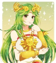 Rule 34 | 1girl, blush, breasts, dress, female focus, green eyes, green hair, indisk irio, jewelry, kid icarus, long hair, looking at viewer, matching hair/eyes, necklace, nintendo, palutena, simple background, smile, solo, tiara, very long hair