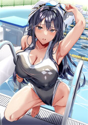 Rule 34 | 1girl, arm up, armpits, bare legs, barefoot, black hair, black one-piece swimsuit, blush, breasts, chain-link fence, cleavage, collarbone, comiket 102, commentary request, competition swimsuit, covered erect nipples, covered navel, feet, fence, goggles, goggles on head, goggles on headwear, grey eyes, hair between eyes, hair ornament, hairclip, highres, large breasts, long hair, looking at viewer, neropaso, one-piece swimsuit, open mouth, original, outdoors, pool, pool ladder, poolside, sidelocks, solo, swim cap, swimsuit, toes, x hair ornament