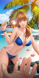 Rule 34 | 1girl, absurdres, artist request, bare shoulders, bikini, blue bikini, blue sky, blurry, blurry background, bracelet, breasts, brown eyes, brown hair, cloud, cloudy sky, collarbone, commentary request, day, dead or alive, dead or alive 6, fingernails, hand up, head tilt, highres, jet ski, jewelry, kasumi (doa), lips, long hair, looking at viewer, medium breasts, navel, necklace, official art, out of frame, outdoors, palm leaf, palm tree, shore, simple background, sky, smile, stomach, sunlight, swimsuit, the king of fighters, the king of fighters all-stars, tree, water