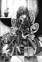 Rule 34 | 1girl, bandage on face, bandage over one eye, bandages, barred window, capelet, chain, chair, child, closed mouth, cluseller, dress, female focus, flower, frilled dress, frills, full body, greyscale, half-closed eyes, highres, holding, indoors, leggings, long hair, long sleeves, looking down, monochrome, original, plant, potted plant, riding crop, shoes, sitting, smile, solo, traditional media, window, wolf