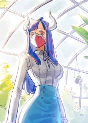 Rule 34 | 1girl, ahoge, blue hair, blue skirt, collared shirt, covered mouth, curled horns, dinosaur girl, garden, horns, jewelry, long hair, long sleeves, mask, mouth mask, multicolored hair, necklace, one piece, pink eyes, pink hair, pink mask, raine (acke2445), shirt, shirt tucked in, skirt, solo, streaked hair, ulti (one piece), white shirt