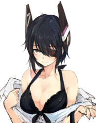 Rule 34 | 1girl, bare shoulders, bikini, black bikini, black hair, breasts, brown eyes, cleavage, collarbone, eyepatch, front-tie bikini top, front-tie top, headgear, highres, kantai collection, looking at viewer, lumo 1121, medium breasts, off shoulder, open clothes, open shirt, shirt, short hair, simple background, sketch, solo, swimsuit, tenryuu (kancolle), undressing, upper body, white background, white shirt