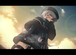 Rule 34 | 1girl, aiming, aiming at viewer, bandaid, bandaid on face, belt, beret, blood, blood on clothes, blood on face, blush, cloud, coat, commentary request, dutch angle, girls&#039; frontline, gloves, grey hair, gun, handgun, hat, highres, hs2000, hs2000 (girls&#039; frontline), id card, letterboxed, long hair, pistol, ponytail, pov, smoke, solo, takayama shirane, tears, weapon, yellow eyes