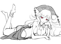 Rule 34 | 1girl, ass, barefoot, bikini, breasts, cleavage, artistic error, female focus, greyscale, hat, head rest, junko (touhou), large breasts, looking at viewer, lying, monochrome, no nose, on stomach, open mouth, pointy ears, raptor7, red eyes, solo, spot color, swimsuit, the pose, touhou, wrong foot