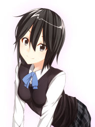Rule 34 | 10s, 1girl, absurdres, bad id, bad pixiv id, bent over, black eyes, black hair, black sweater vest, blouse, breasts, breasts squeezed together, collared shirt, dacchi, dress shirt, hair between eyes, highres, inaba himeko, kokoro connect, light smile, looking at viewer, medium breasts, plaid, plaid skirt, school uniform, shirt, short hair, simple background, skirt, solo, sweater vest, white shirt