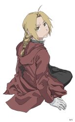 Rule 34 | 1boy, ahoge, blonde hair, braid, coat, edward elric, fullmetal alchemist, gloves, highres, long sleeves, looking at viewer, looking back, male focus, parted bangs, red coat, sitting, solo, ufkqz, white background, yellow eyes