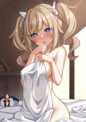 Rule 34 | 1girl, :o, ashisi, bad id, bad pixiv id, barbara (genshin impact), bed sheet, blanket, blonde hair, blue eyes, blush, breasts, collarbone, covered erect nipples, covering privates, drill hair, genshin impact, hand on own chin, hat, highres, holding, looking away, looking down, medium breasts, nude, nude cover, on bed, open mouth, sideboob, sitting, solo, swept bangs, twin drills, twintails, unworn hat, unworn headwear, used tissue, white hat
